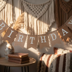 Happy Birthday Banner, Boho Neutral Beige Brown Canvas Faux Burlap Garland, Pre-