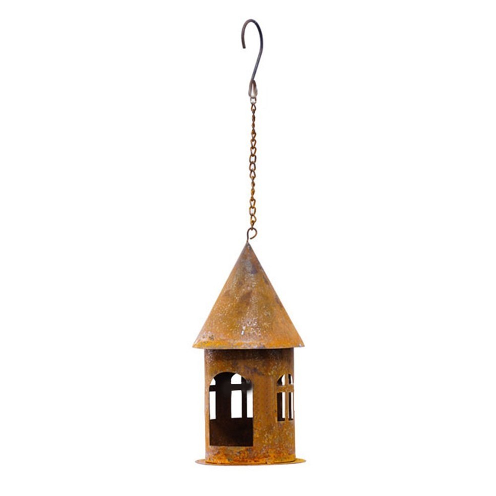 Rustic Metal Castle Candle Holder Hanging with Compact Size for Table and Shelf