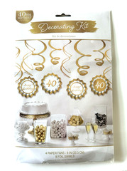 40th Birthday Party Decorating Kit Gold & White 4 Paper Fans 8 Gold Swirls 12pcs
