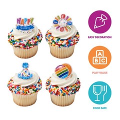 Happy Birthday Rings 24 Cupcake Toppers Featuring Multi-Colored Balloons Part…