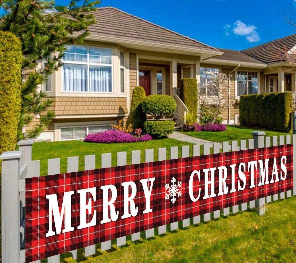 Large Merry Christmas Banner, Red Buffalo Plaid Yard Christmas-G