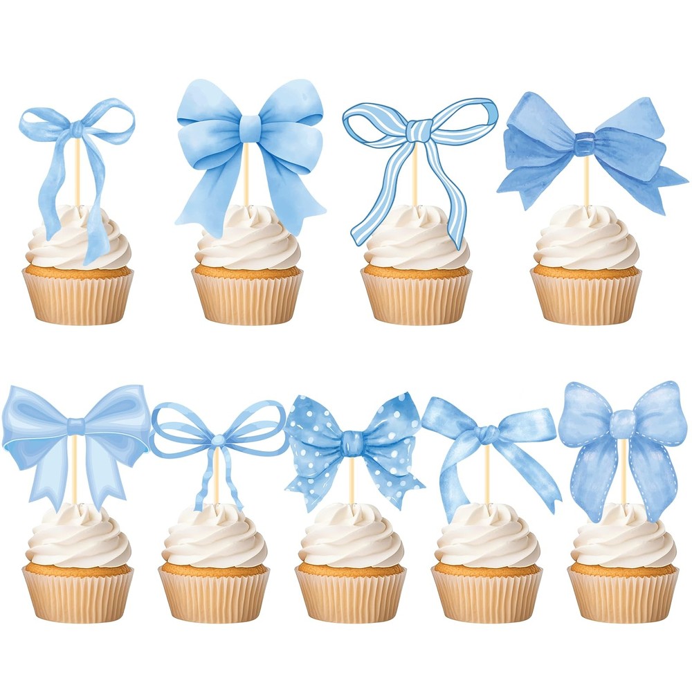 Blue Bow Cupcake Toppers Baby Shower Party Decor 40PCS