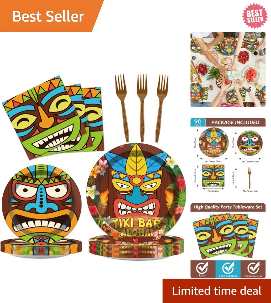 Effortless 96-Piece Tiki Tableware Set – Perfect for Birthday and Luau Parties
