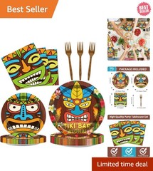 Effortless 96-Piece Tiki Tableware Set – Perfect for Birthday and Luau Parties
