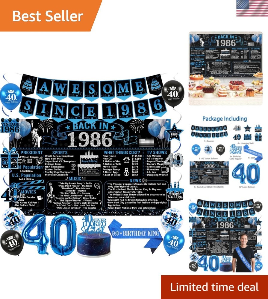40th Birthday Decorations for Men, 20PCS Black Blue Back in 1986 Birthday Par…