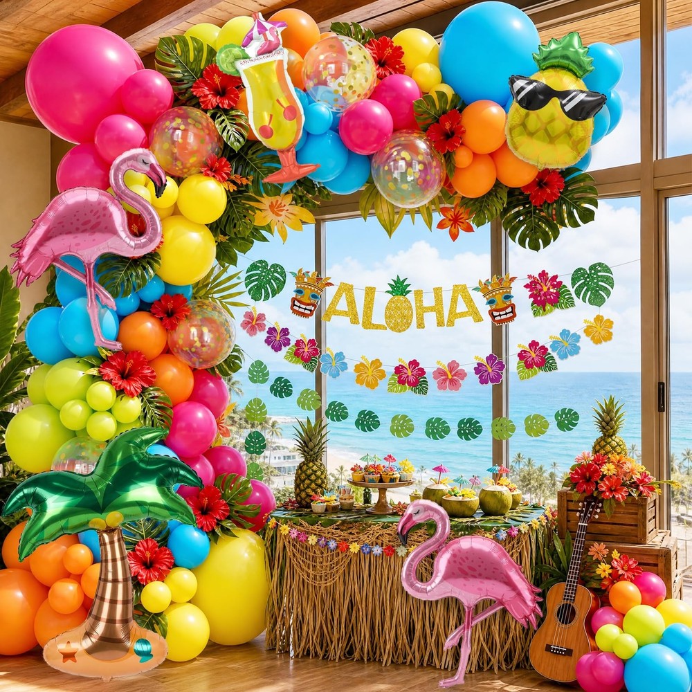 Flamingo Tropical Balloon Arch Garland Kit with Hot Pink Lime Green Orange Ye…