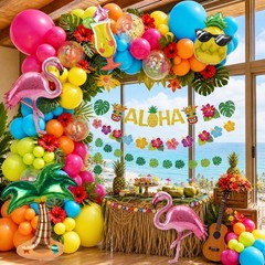 Flamingo Tropical Balloon Arch Garland Kit with Hot Pink Lime Green Orange Ye…
