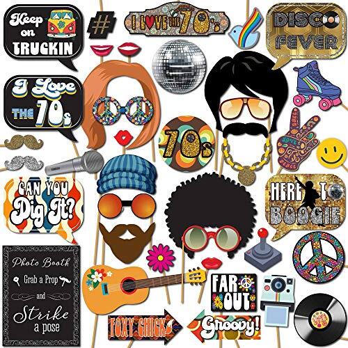 70s Photo Booth Props – 41-pc Disco Photo Booth Kit with 8 x 10-Inch Sign 60 …