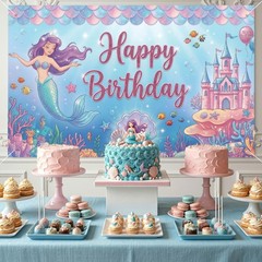 Lednica Mermaid Birthday Backdrop, 71 inches x 43 inches, Blue