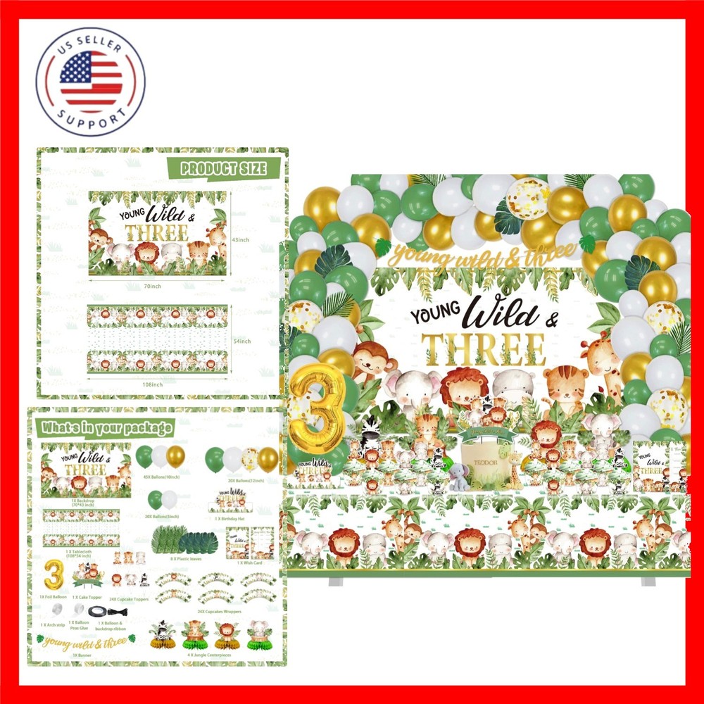 Young Wild and Three Birthday Decorations for Boys Girls, 157 Pcs Jungle Safa…