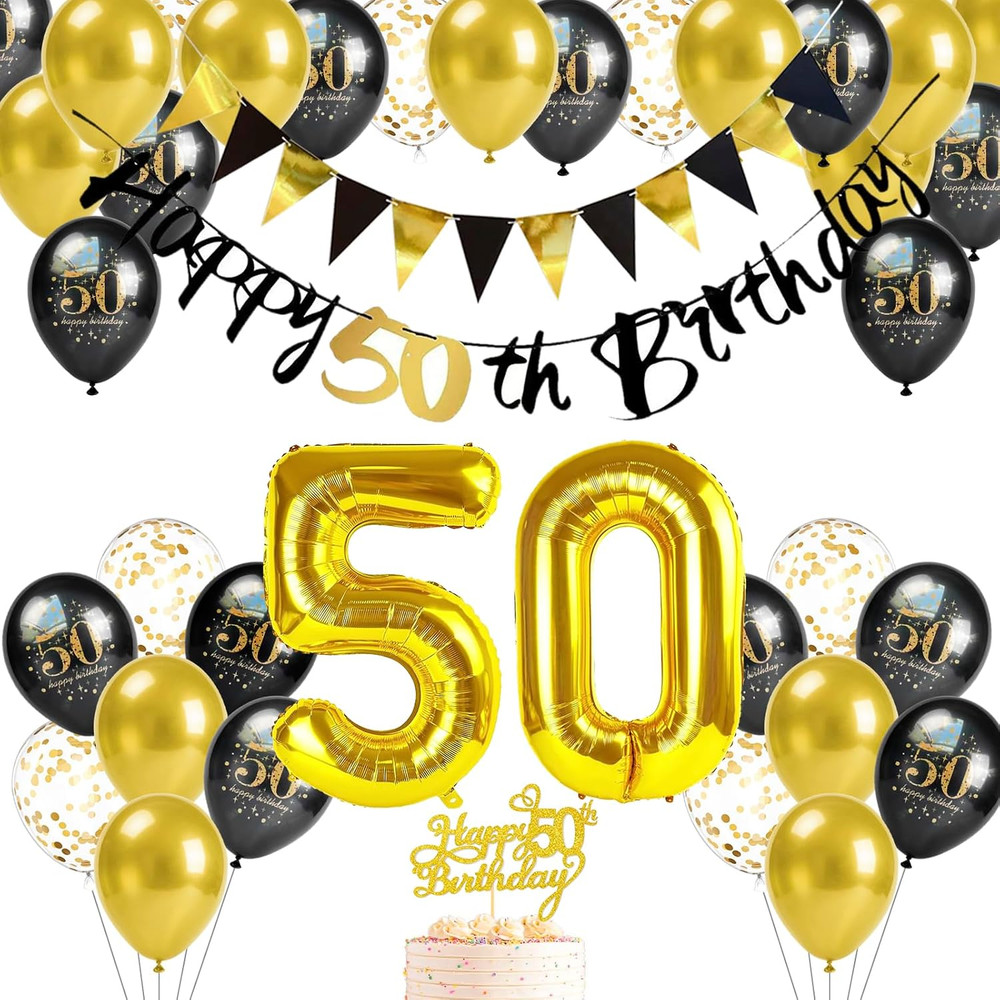 50Th Birthday Decorations Kit for Him Men Her Women Black Gold Complete Set | El