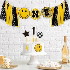 One Happy Dude High Chair Banner Lightning Smile Face First Birthday Banner G…