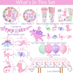 211 Pcs Dinosaur 2Nd Birthday Party Supplies, Girl Dino Two Rex Birthday Decorat