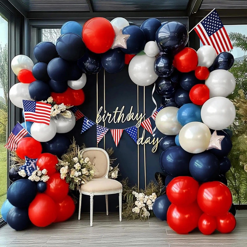 Navy Blue Red White Balloon Arch, Double Royal Blue Red White Sand Balloon Ga…
