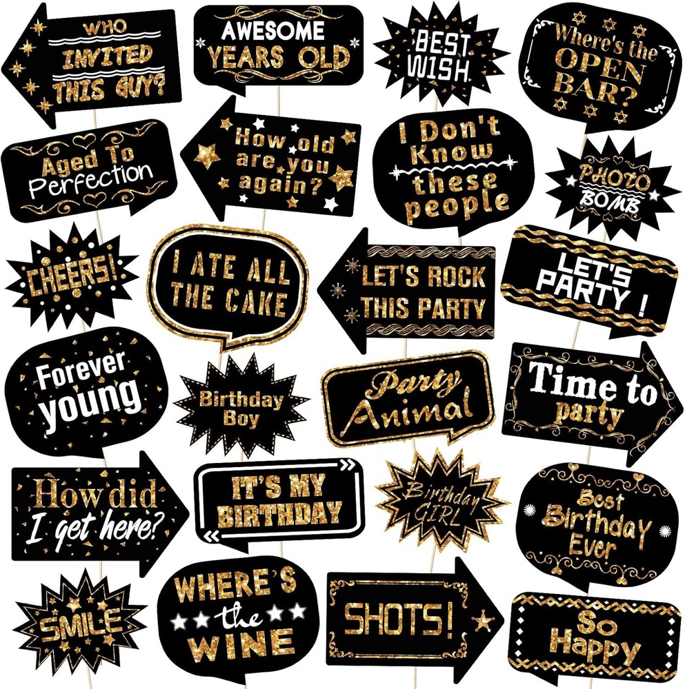 Outus 24 Pieces Photo Booth Props Birthday with Stick Happy White, Gold