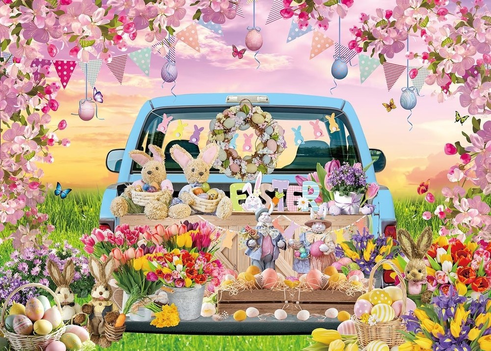 7ft x 5ft Fabric Easter Backdrop – Bunny Car – Photo Prop Party Decoration – New