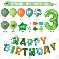 Dinosaur 3rd Party Decorations for Boys Girl, Foil Green Star Number 3 Dinosa…