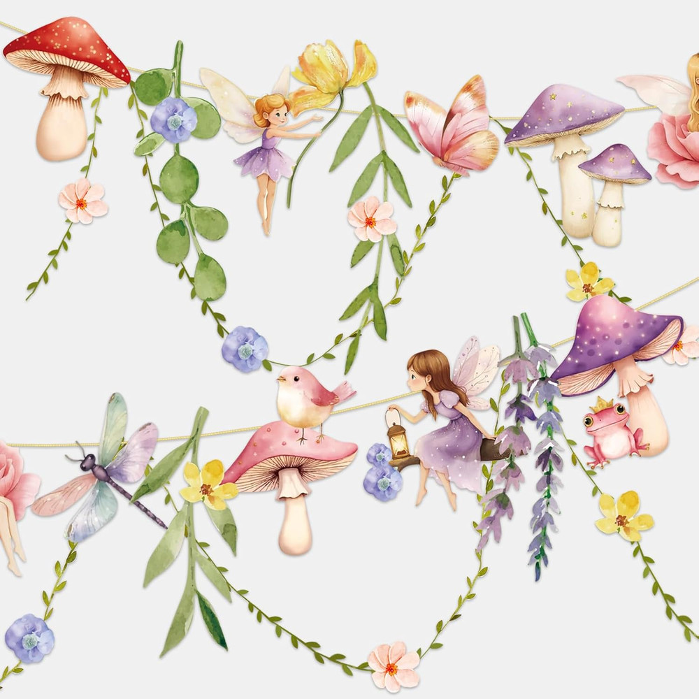 Fairy Party Banner, Fairy First Birthday Party Decorations, Mushroom Flower Bann
