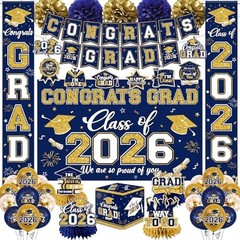 Navy Blue & Gold Graduation Decorations 2026 Set – Congrats Grad Banner, Balloon