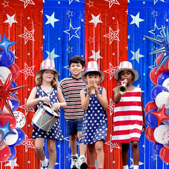 4th of July Backdrop Decorations, 2 Pack Star Print Red Blue Streamers Tinsel