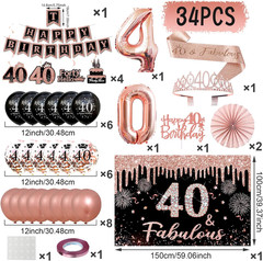 40Th Birthday Decorations for Women – 34Pcs Black Rose Gold Birthday Party Decor