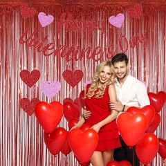 Red Foil Fringe Curtain 3 Pack 3.2 x 8.2 ft Shiny Tinsel Backdrop for Birthda…