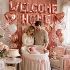 Rose Gold Welcome Home Decorations – Balloon Banner, Heart Foil Balloons & Fring