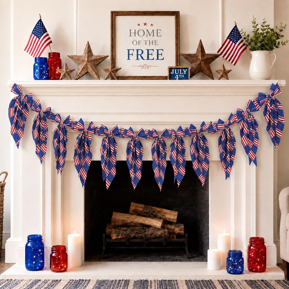 American Flag Bow Garland Banner for Patriotic 4th of July Decor Fireplace Ma…