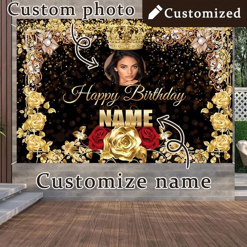 1pc Luxury Golden Crown Roses Birthday Party Backdrop Custom Text Tapestry❀