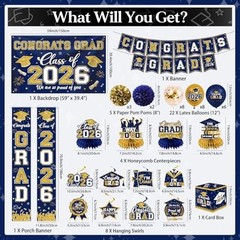Navy Blue & Gold Graduation Decorations 2026 Set – Congrats Grad Banner, Balloon