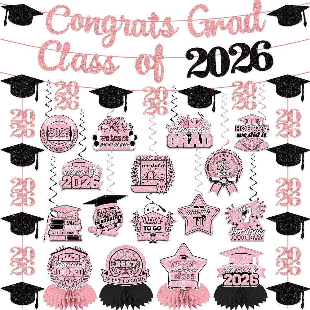 Pink Graduation Decorations 2026 Set Include Glitter Class of 2026 Banner