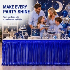 4-Pack Blue Foil Fringe Table Skirt, Disposable Metallic Tinsel Streamers, Photo