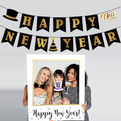 Happy New Year 2026 Banner, Black and Gold Happy New Year Party Supplies, Hangin