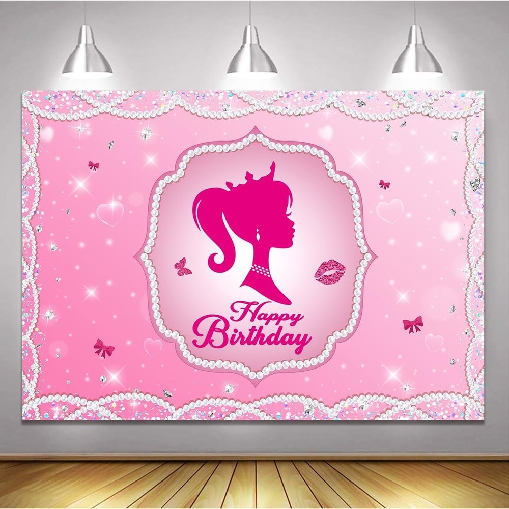 Pink Pearl Princess Birthday Backdrop, 5×7′ Girl’s Party, Crown & Sparkle Design