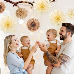 10 PCS Brown Party Decoration Rustic Paper Hanging Lanterns Pom Poms Fan Kits