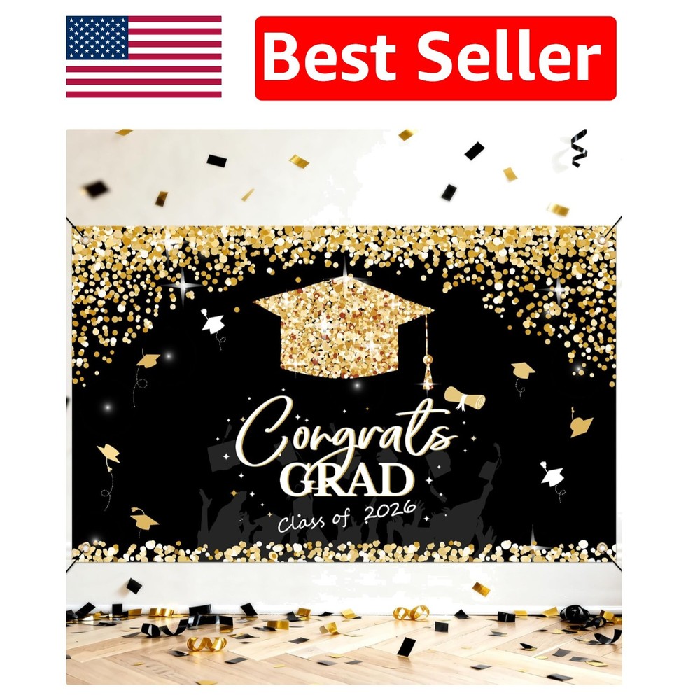 Class of 2026 Graduation Decorations – Elegant Black & Gold Backdrop 71″x43″
