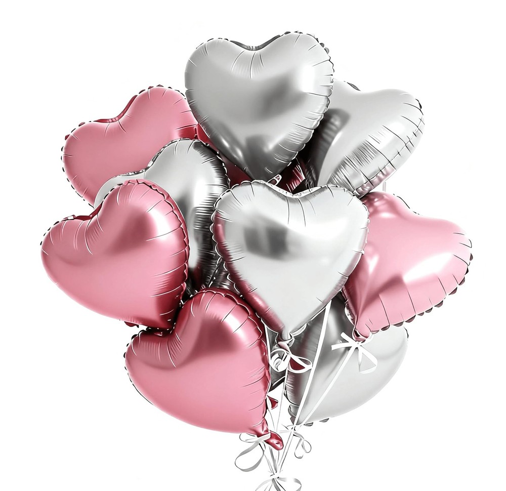 Light Pink and Silver Heart Balloons, 12Pcs 18 Inch Heart Shaped Foil Balloon…