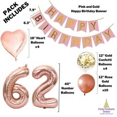 62nd Birthday Decorations For Her – Pink and Rose Gold Theme – Balloons, Banner