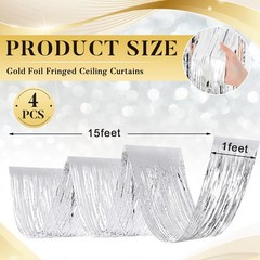 4 PCS 15ft Silver Metallic Foil Ceiling Fringe Curtains Graduation Party Decor