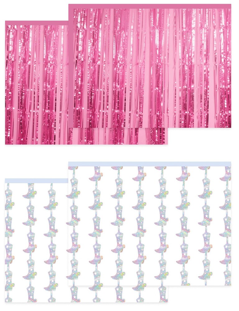 4 PCS Cowgirl Party Decorations 2 Boot Silver Metallic Tinsel 2 Pink Backdrops