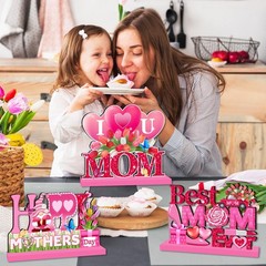 4 PCS Mother’s Day Decorations Wood Table Centerpieces Pink I Love U Mom