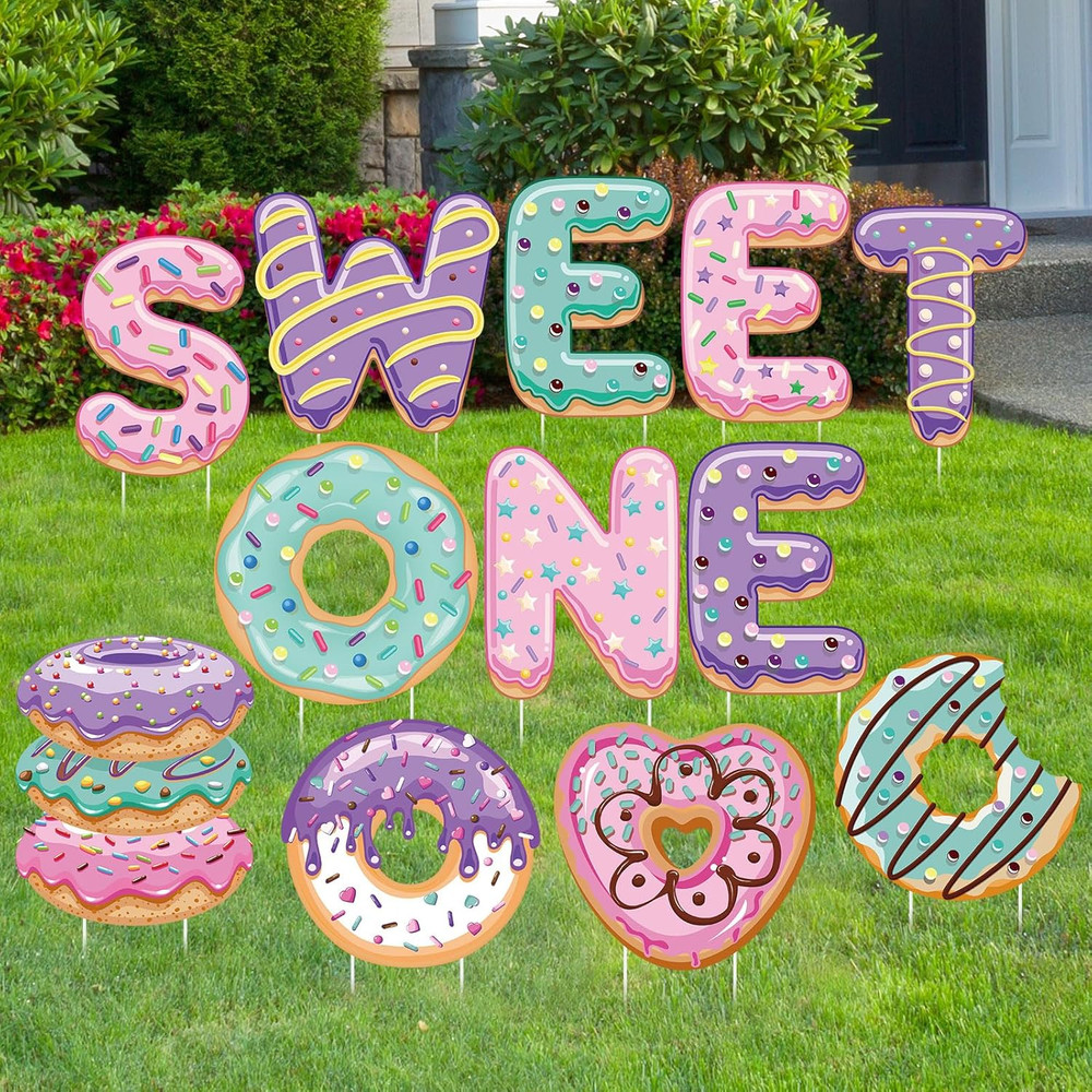 12 Pcs Sweet One Birthday Party Supplies Yard Signs with Stakes Donut Theme Outd