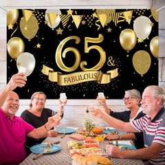 65th Birthday Black Gold Party Backdrop Banner 72x43in Fabric Photo Booth