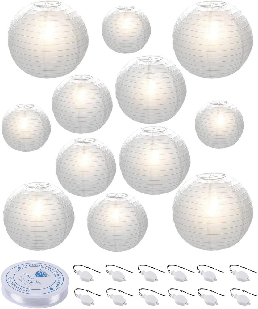 12Pcs White Paper Lanterns with LED Lights, Chinese Hanging Lanterns (6″ 8″ 10″