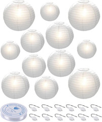 12Pcs White Paper Lanterns with LED Lights, Chinese Hanging Lanterns (6″ 8″ 10″
