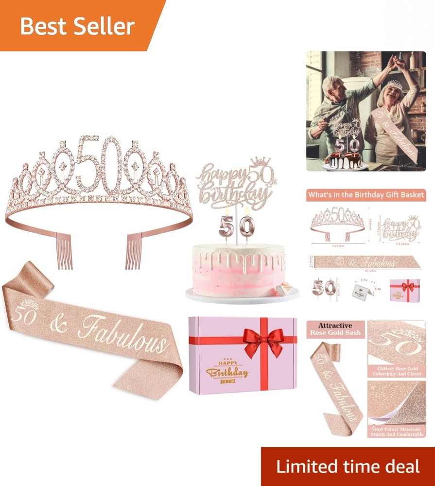 Elegant 50th Birthday Sash, Crown & Glittery Cake Topper Gift Set in Rose Gold