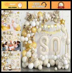 80th Birthday Decorations Kit – White Gold Balloon Arch, Number 80 Foil Balloons