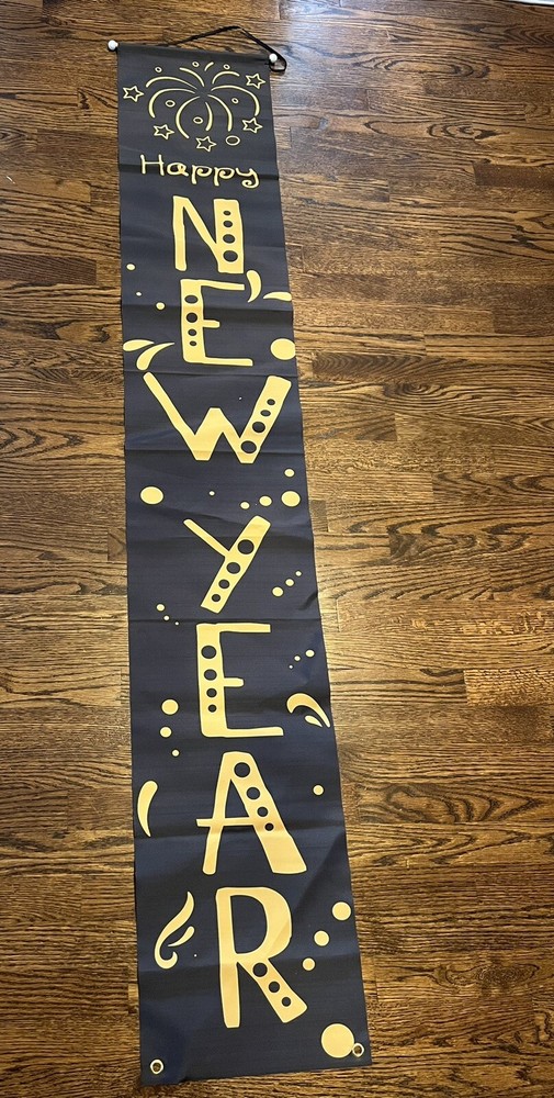 Happy New Year hanging banner 70.5 inches by 12 inches black and Gold