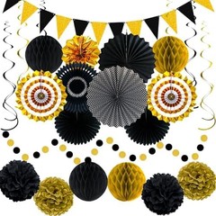 24 Pcs Black and Gold Party Decorations, Paper Fans Pom Poms Garland Decor | …