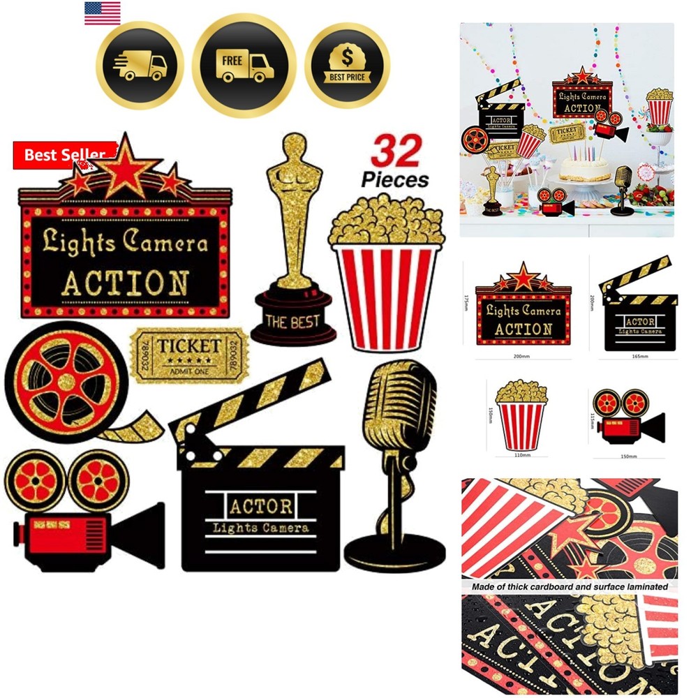 32 Pieces Movie Party Decorations Red Carpet Cutouts Cards Table Toppers Movi…